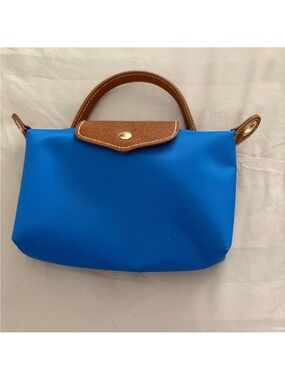 Blue Crossbody Tote Bag with Brown Trim